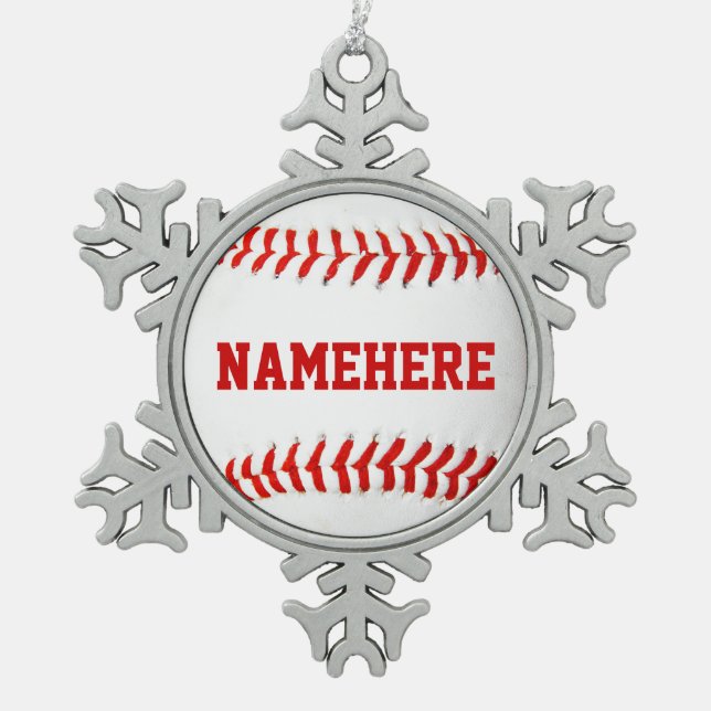 Personalisierte Baseballverzierung Schneeflocken Zinn-Ornament (Vorderseite)