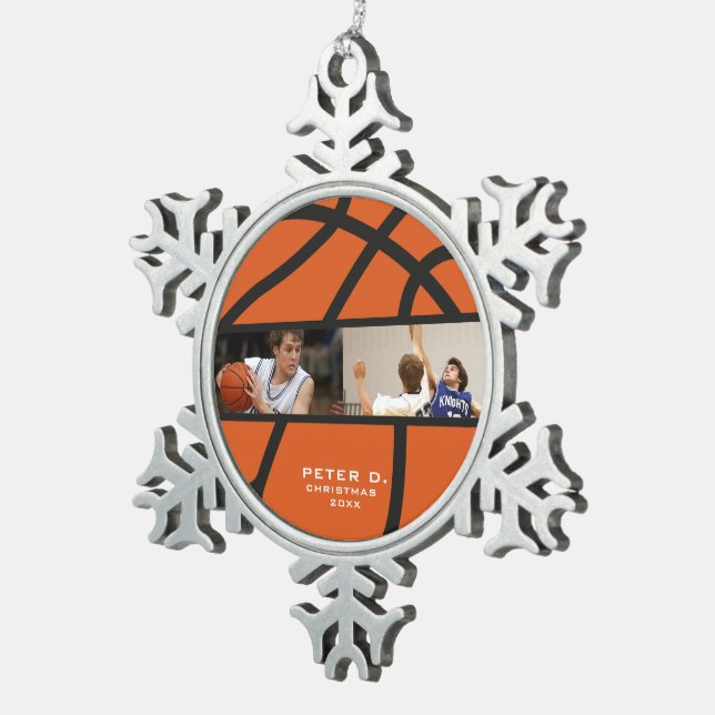 Personalisierte Basketballverzierung - Foto Schnee Schneeflocken Zinn-Ornament (Rechts)