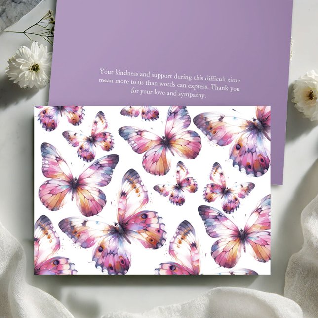 Personalisierte Beerdigung von Schmetterlingen Dan Dankeskarte (Butterfly funeral thank you cards watercolor purple butterflies by Victoria Grigaliunas)