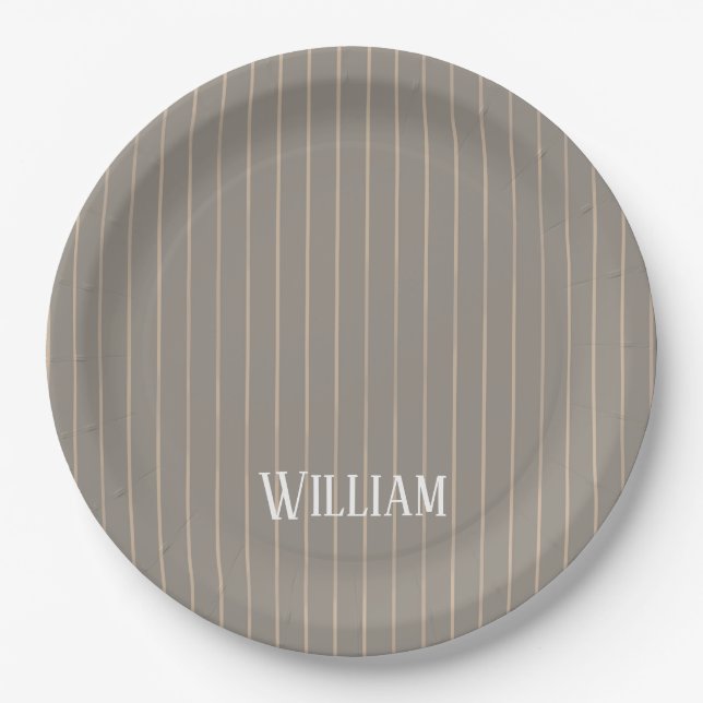 Personalisierte beige Pinstreifen Pappteller (Vorderseite)
