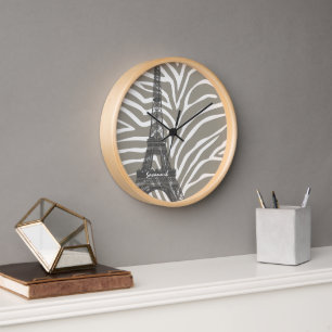 Personalisierte Beige Tones Zebra Eiffel Tower Clo Uhr