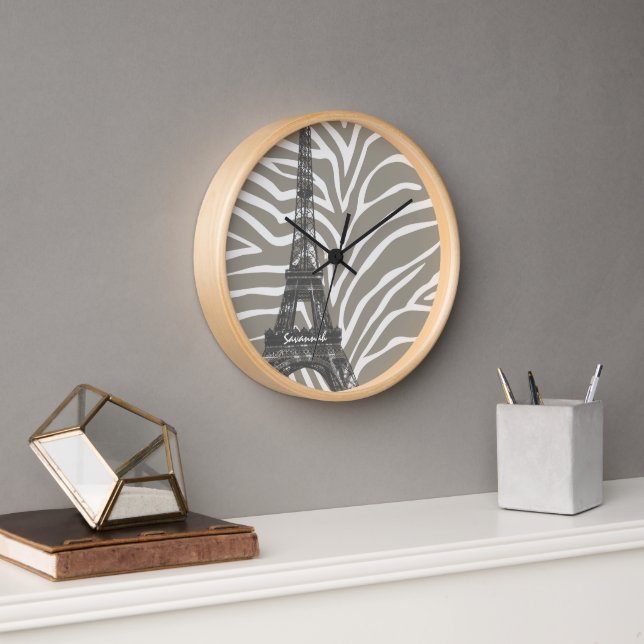 Personalisierte Beige Tones Zebra Eiffel Tower Clo Uhr (Büro)