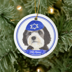 Personalisierte Bernedoodle-Hanukkah-Jarmulke Blau Keramik Ornament