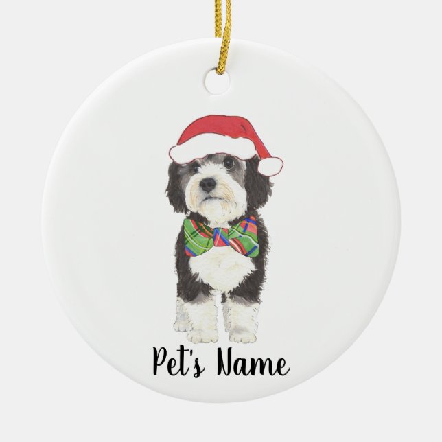 Personalisierte Bernedoodle Weihnachtsmannmütze &  Keramik Ornament (Vorne)