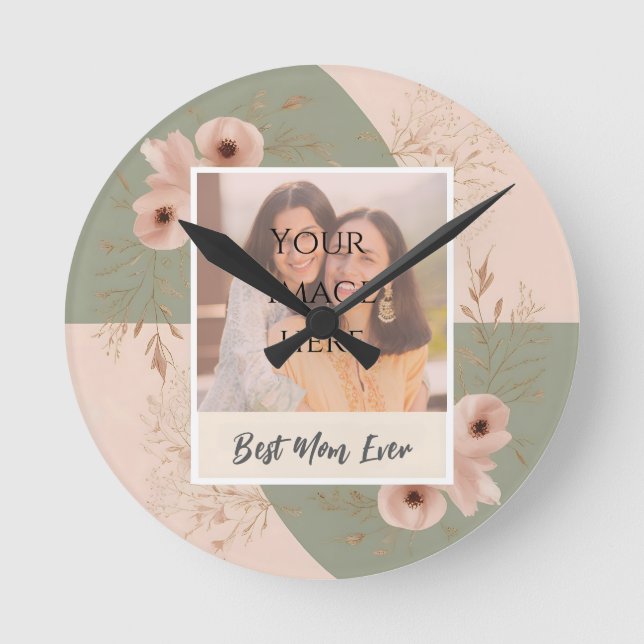 Personalisierte "Beste Mama je" Blumenwall-Uhr Runde Wanduhr (Vorderseite)