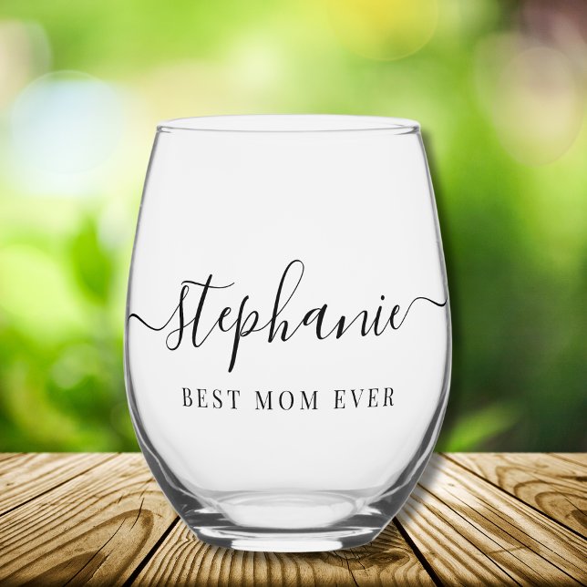 Personalisierte beste Mama je Script Monogram Weinglas Ohne Stiel (Von Creator hochgeladen)