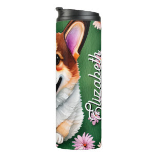 Personalisierte Bezeichnung Daisies und Corgi Thermosbecher