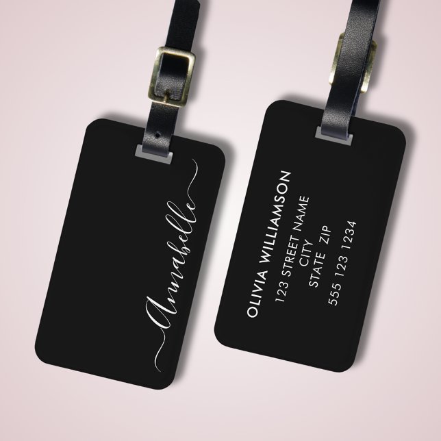 Personalisierte Bezeichnung für das Gepäck Gepäckanhänger (Stylish, elegant, black luggage tag with script name and contact details to reverse side)