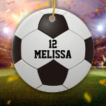Personalisierte Bezeichnung Fußball-Ball Keramik Ornament<br><div class="desc">Personalisierter Name und Mannschaftsnummer Fußball Geschenk. Entwickelt von Thisisnotme©</div>