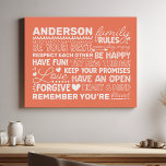 Personalisierte Bezeichnung Positive Koralle Künstlicher Leinwanddruck<br><div class="desc">Mit diesem personalisierten Korallenprint schaffen Sie eine warme und einladende Atmosphäre in Ihrer Zuhause. Mit einem modernen Design mit herzzerwärmenden Familienregeln und Platz, um Ihren Familiennamen in weißem Text zu ergänzen, ist diese Wandkunst eine schöne Art, Ihre einzigartige Bindung zu feiern. Eine perfekte Ergänzung zu Ihrem Wohnzimmer, Ihrer Küche oder...</div>