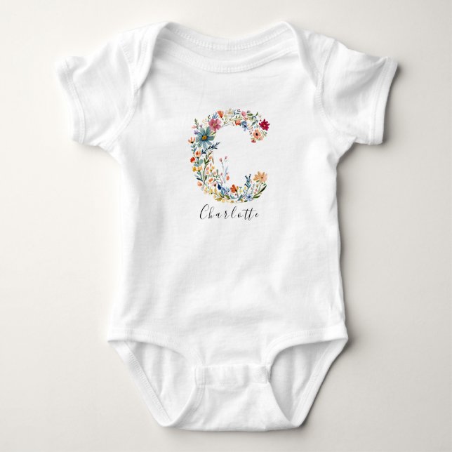 Personalisierte Bezeichnung und florale Monogramm  Baby Strampler (Vorderseite)