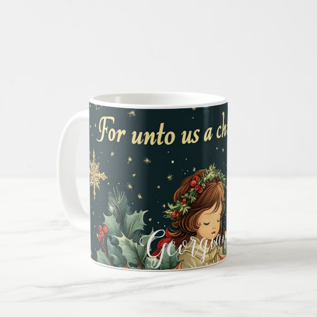 Personalisierte biblische Geburt Kind & Verse Kaffeetasse (Vorderseite Links)