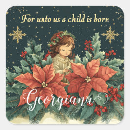 Personalisierte biblische Geburt Kind & Verse Quadratischer Aufkleber