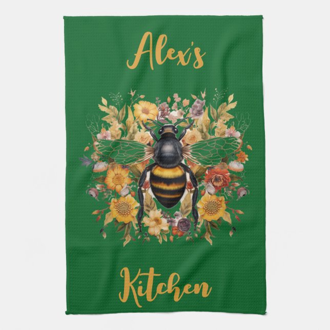 Personalisierte Bienen und Wildblumen - Geschirrtuch (Vertikal)
