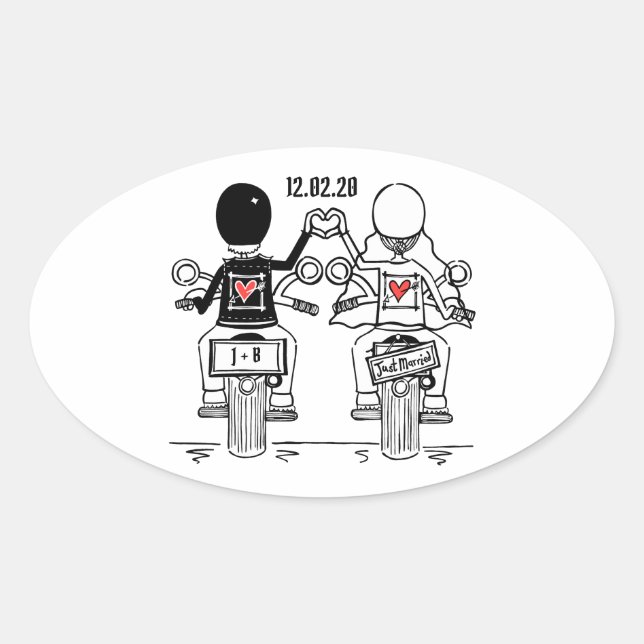 Personalisierte Biker-Motorrad-Hochzeitskleber Ovaler Aufkleber (Vorderseite)