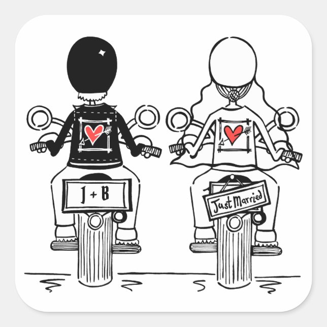 Personalisierte Biker-Motorrad-Hochzeitskleber Quadratischer Aufkleber (Vorderseite)