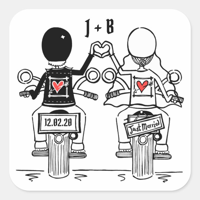 Personalisierte Biker-Motorrad-Hochzeitskleber Quadratischer Aufkleber (Vorderseite)