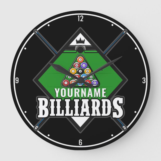 Personalisierte Billard NAME Cue Rack Pool Room Große Wanduhr (Vorderseite)