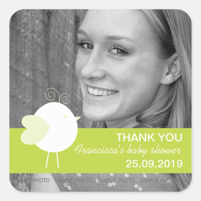 Personalisierte Bird Baby Shower favorisiert Foto  Quadratischer Aufkleber (Vorderseite)