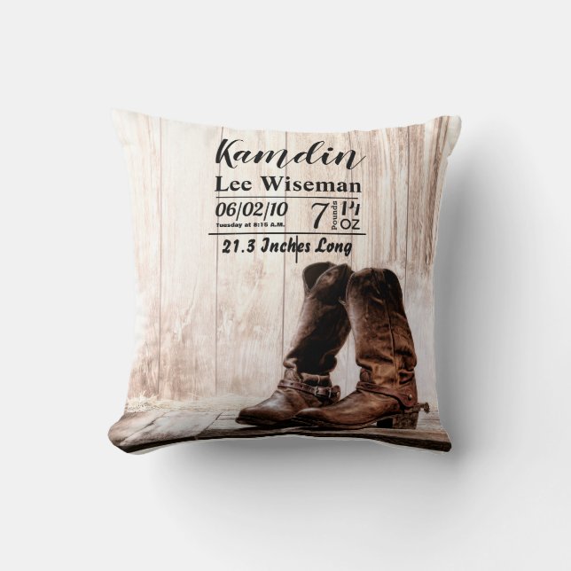 Personalisierte Birth Pillow Stiefel Land rustikal Kissen (Vorderseite)