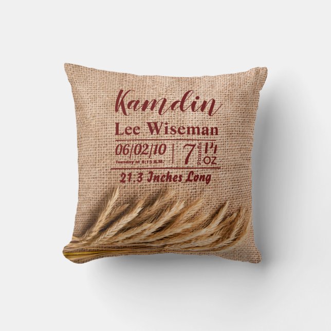 Personalisierte Birth Pillow Weizen auf Burlap Sac Kissen (Vorderseite)