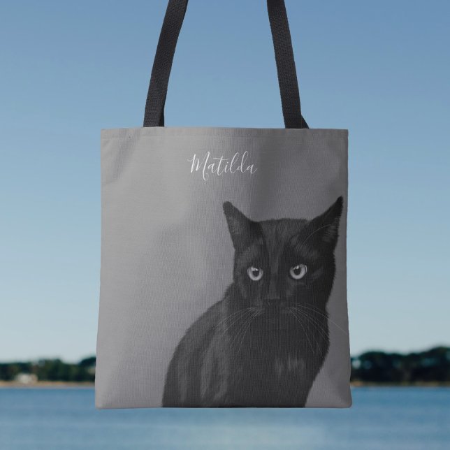 Personalisierte Black Cat Art Grau Tote Tasche (Just add your name to this cute cat tote bag. Purrfect!)
