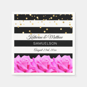 Personalisierte Black Floral Pink Roses Gold Hochz Serviette
