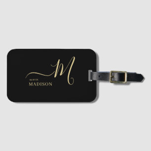 Personalisierte Black Gold Monogram Script Hochzei Gepäckanhänger