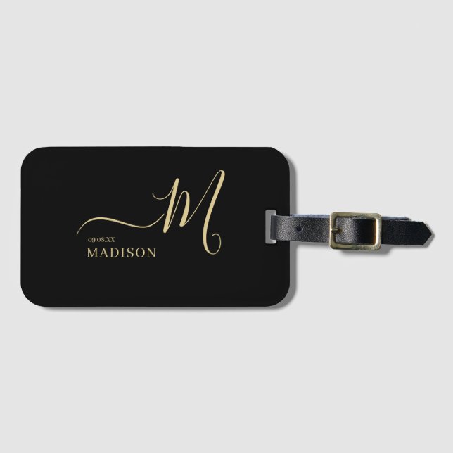 Personalisierte Black Gold Monogram Script Hochzei Gepäckanhänger (Vorderseite (Horizontal))