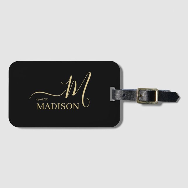 Personalisierte Black Gold Monogram Script Hochzei Gepäckanhänger (Vorderseite (Horizontal))
