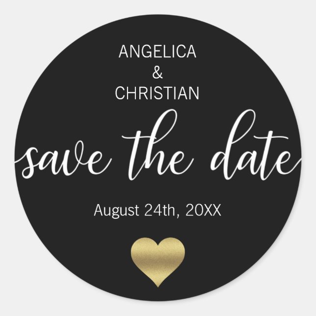 Personalisierte BLACK Gold SAVE THE DATE Hochzeit Runder Aufkleber (Vorderseite)