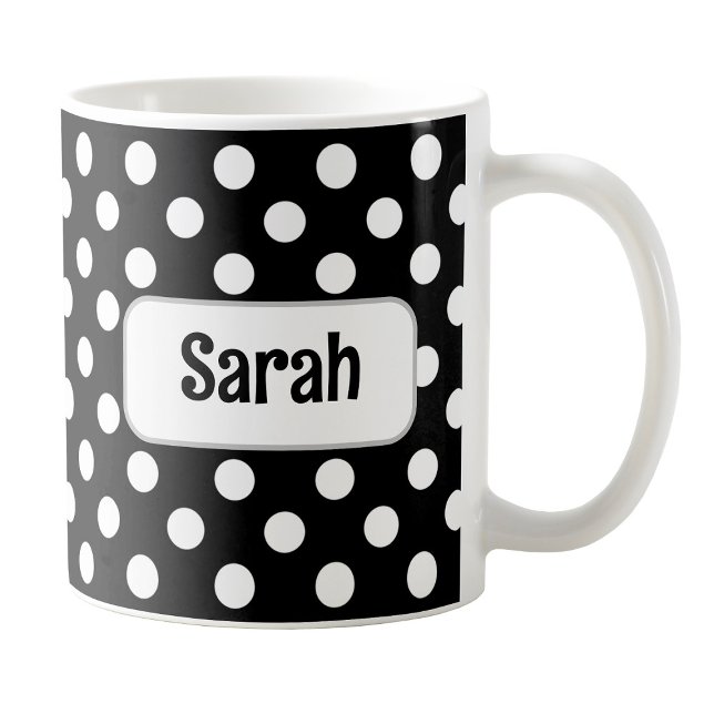 Personalisierte Black Polka Dot Tasse (Personalized Black Polka Dot Mug at Amy's Coffee Mugs on Zazzle. )