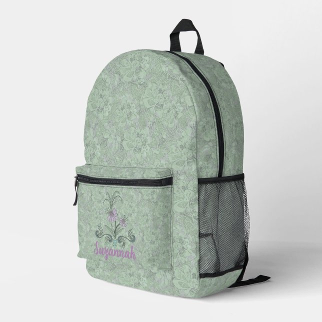 Personalisierte, blassgrüne und Lilac Floral Rucks Bedruckter Rucksack (Rückseitige Ecke Rechts)