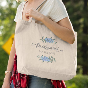 Personalisierte Blaue Aquarell-Blumen-Brautjungfer Jumbo Stoffbeutel