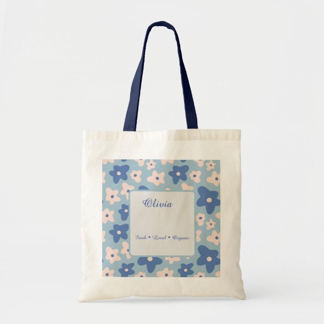Personalisierte blaue Blumen-Markttasche Tragetasche (Vorne)