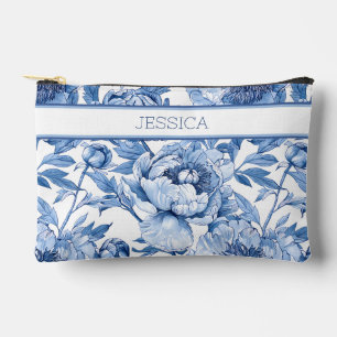 Personalisierte Blaue Blumen Reise Blumen Make-up Zubehörtasche