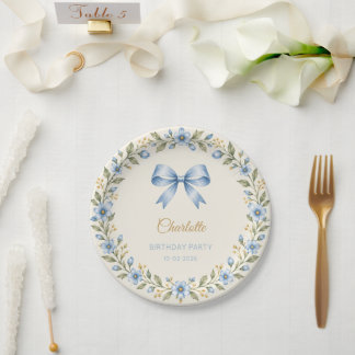 Personalisierte blaue Blumen-Schleifen-Geburtstags Pappteller