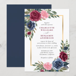Personalisierte blaue Burgundgoldblüte Einladung
