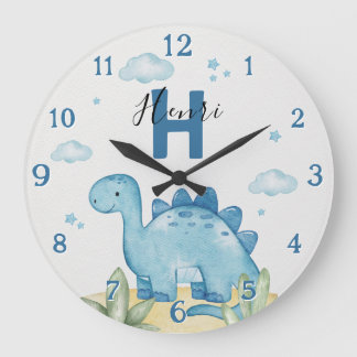 Personalisierte blaue Dinosaurier-Kinderzimmer-Wan Große Wanduhr