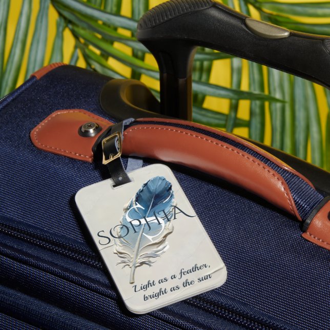 Personalisierte Blaue Feder mit individuellem Name Gepäckanhänger (Vorderseite Insitu 1)