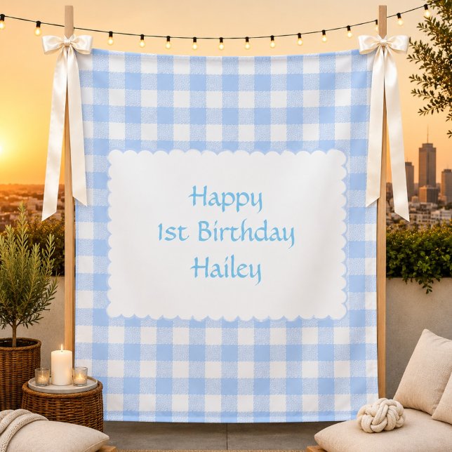 Personalisierte Blaue Gingham-Geburtstagsfeier Wandteppich (Von Creator hochgeladen)