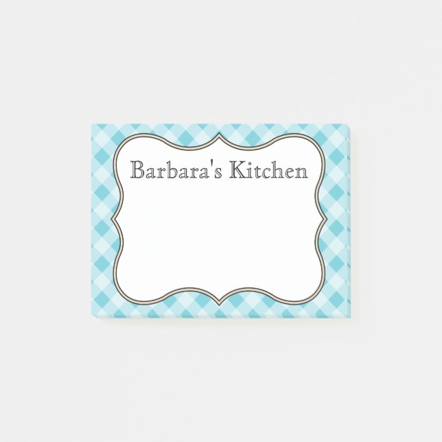 Personalisierte blaue Gingham-Post-it-Notes Post-it Klebezettel (Vorderseite)
