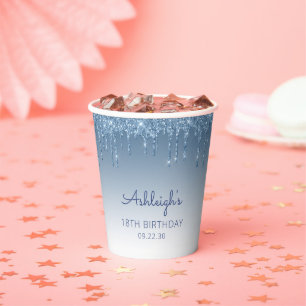 Personalisierte blaue Glitter-Drip-18.-Geburtstags Pappbecher