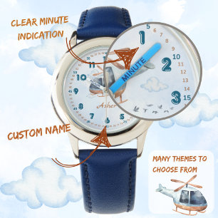 Personalisierte Blaue Jungen Hubschrauber Lernuhr Armbanduhr