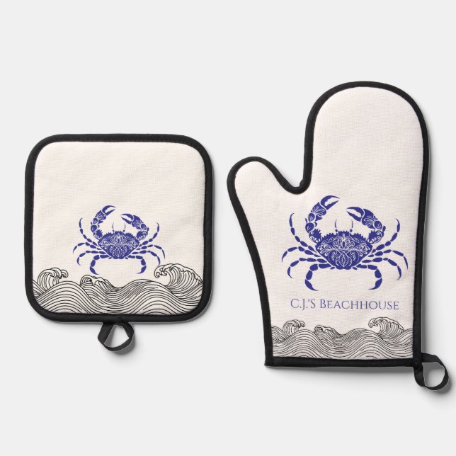 Personalisierte Blaue Krabbe Ofenhandschuh & Topflappen-Set (Vorderseite)