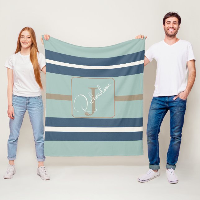 Personalisierte Blaue Minze-Tan-Streifen-Monogramm Fleecedecke (Beispiel)