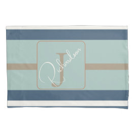 Personalisierte Blaue Minze-Tan-Streifen-Monogramm Kissenbezug