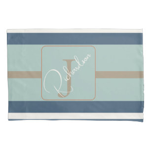 Personalisierte Blaue Minze-Tan-Streifen-Monogramm Kissenbezug