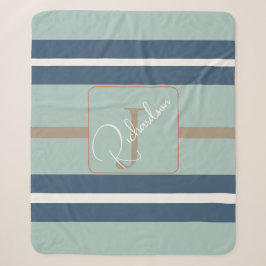 Personalisierte Blaue Minze-Tan-Streifen-Monogramm Sherpadecke