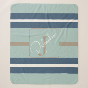 Personalisierte Blaue Minze-Tan-Streifen-Monogramm Sherpadecke